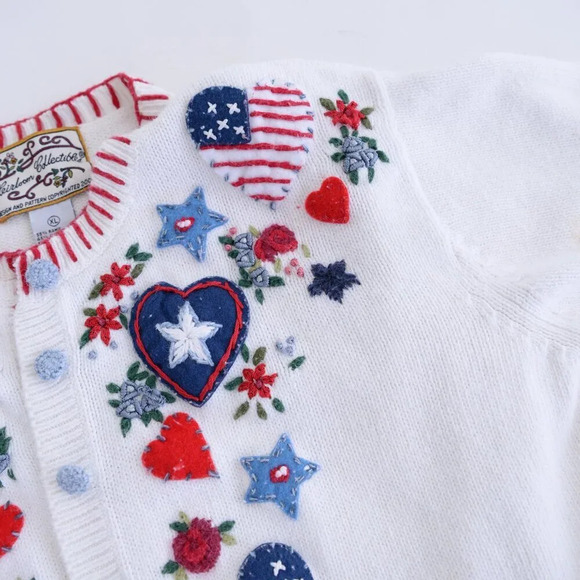 Vintage Heirloom White Embroidered Patriotic Floral and Hearts USA Cardigan XL - Picture 10 of 13